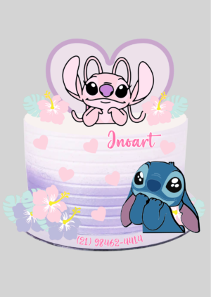 Topo de Bolo Stitch e Angel em Camadas