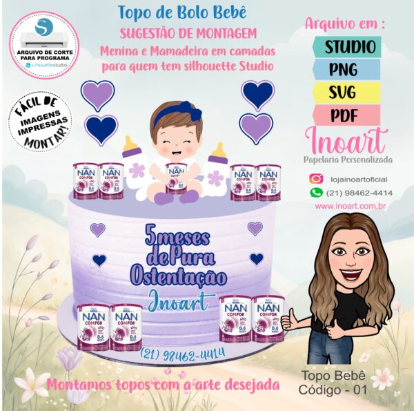 Topo de Bolo Bebê Nan Mesversário Menina - Imagem 2
