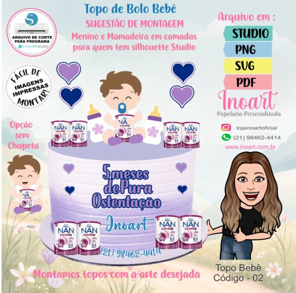 Topo de Bolo Bebê Nan Mesversário Menino - Imagem 2