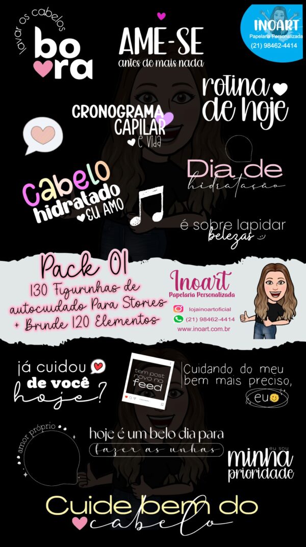 Kit Digital Pack 130 Figurinhas Autocuidado para Stories do Instagram + 120 Elementos de Brinde
