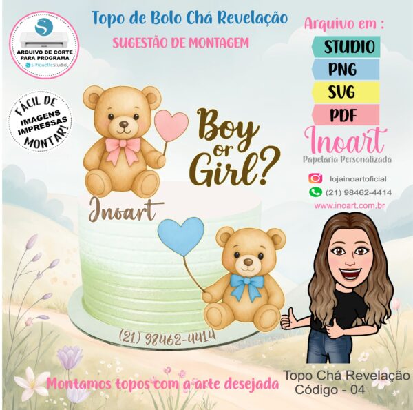 Topo de Bolo Chá Revelação Ursinhos - Imagem 2