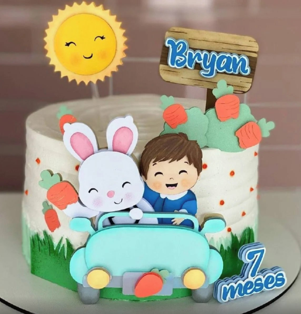 Topo De Bolo Páscoa Menino No Carrinho Com Coelho