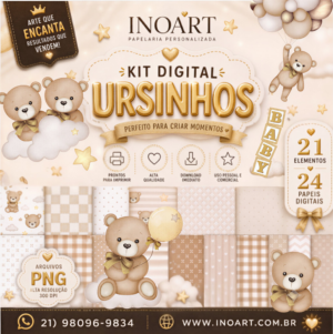 Kit Digital Ursinho Bege Com Dourado